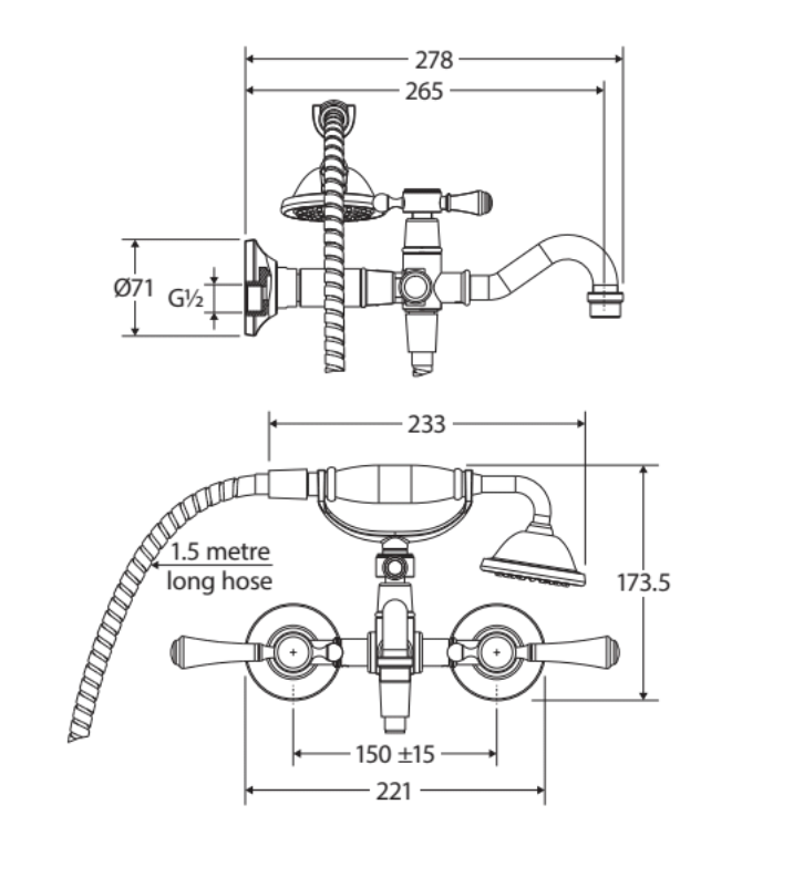 Lillian Lever Exposed Bath Tap Set with Hand Shower