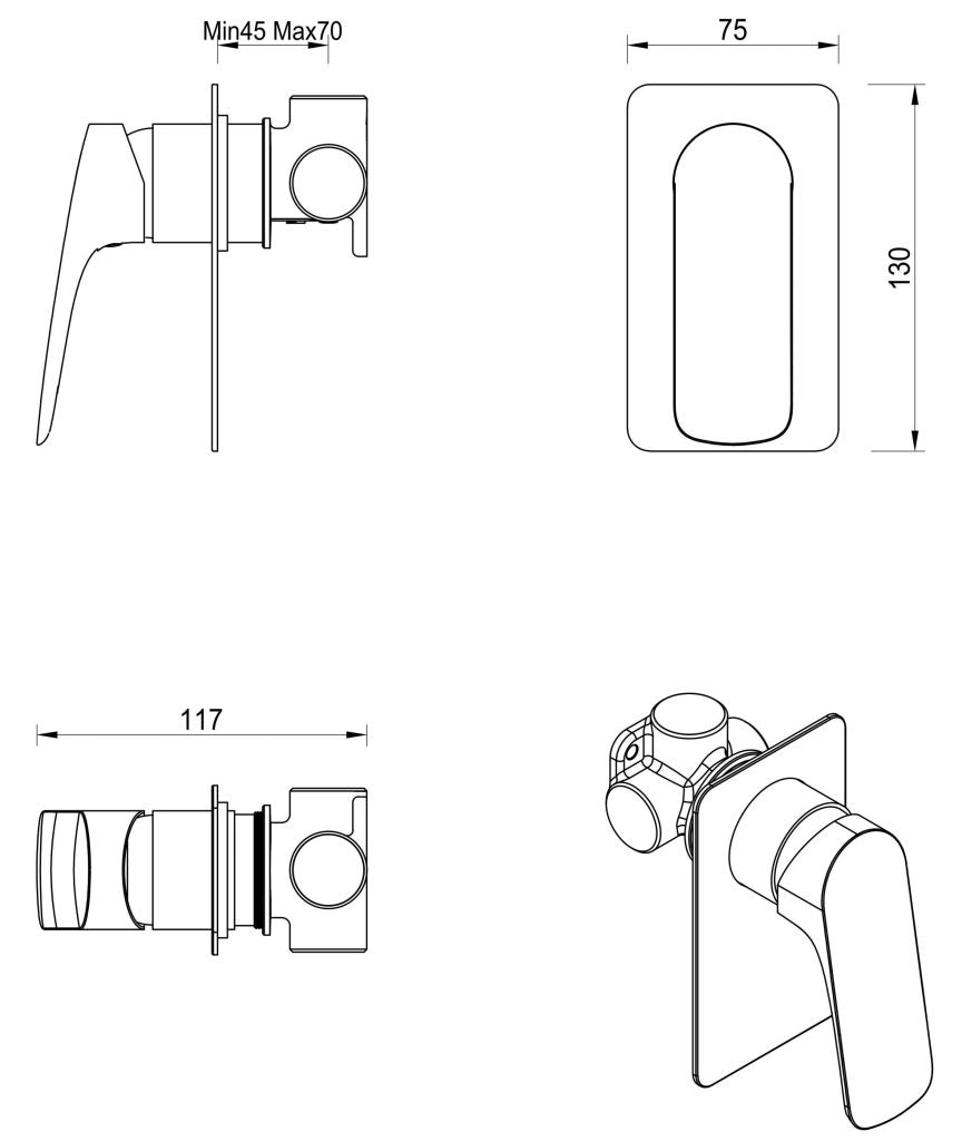 Kaza Shower Mixer - Square Plate - TRIM KIT ONLY - Neche Interiors