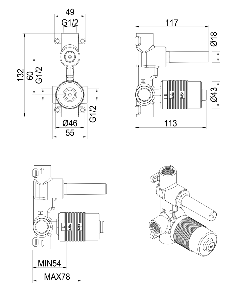 Lantra Shower Mixer Diverter - BODY ONLY - Neche Interiors
