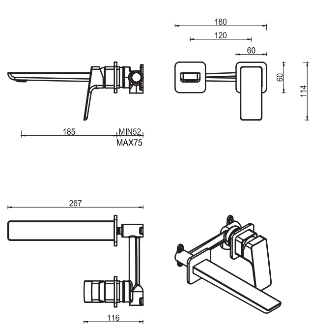 Tiago Wall-Spout Combo - 2P - TRIM KIT ONLY - Neche Interiors