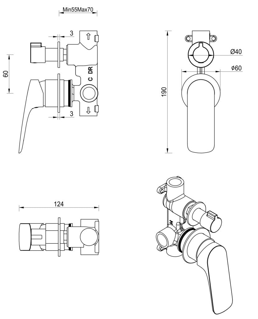 Kaza Shower Mixer Diverter - 2P - TRIM KIT ONLY - Neche Interiors