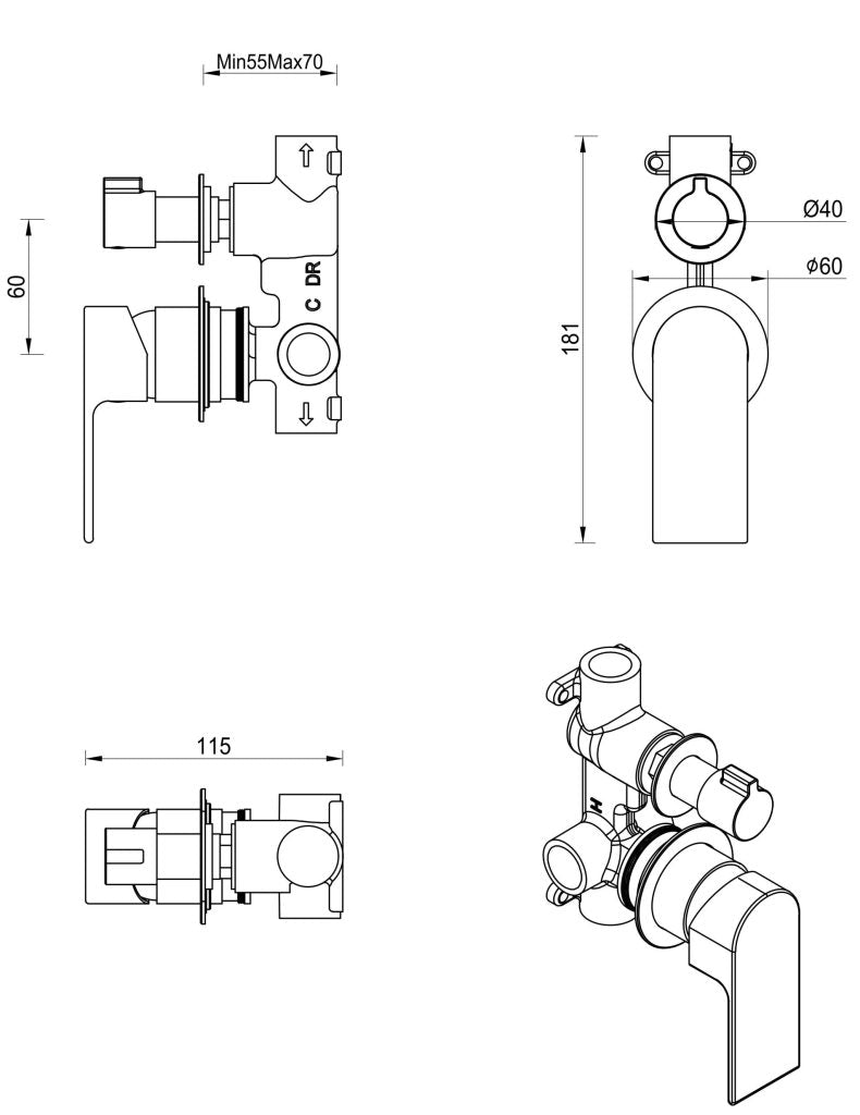 Eleniko Shower Mixer Diverter - 2P - TRIM KIT ONLY - Neche Interiors