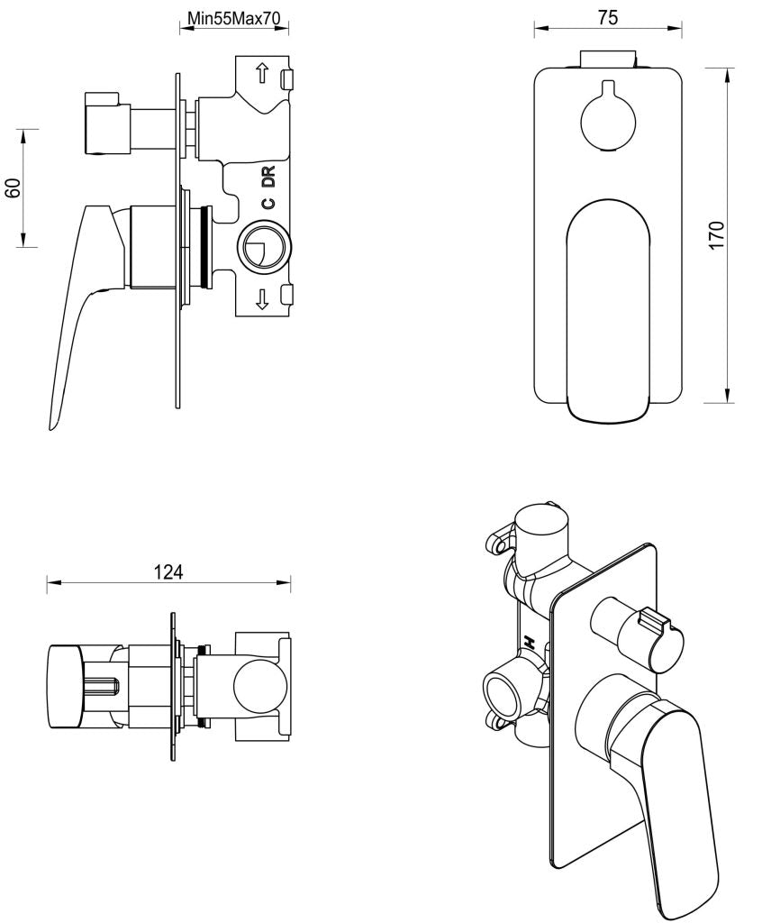 Kaza Shower Mixer Diverter - 1P - TRIM KIT ONLY - Neche Interiors