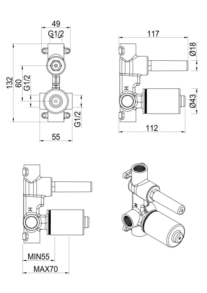 Tiago, Beki, Eleniko, Kaza - Shower Mixer Diverter - BODY ONLY - Neche Interiors