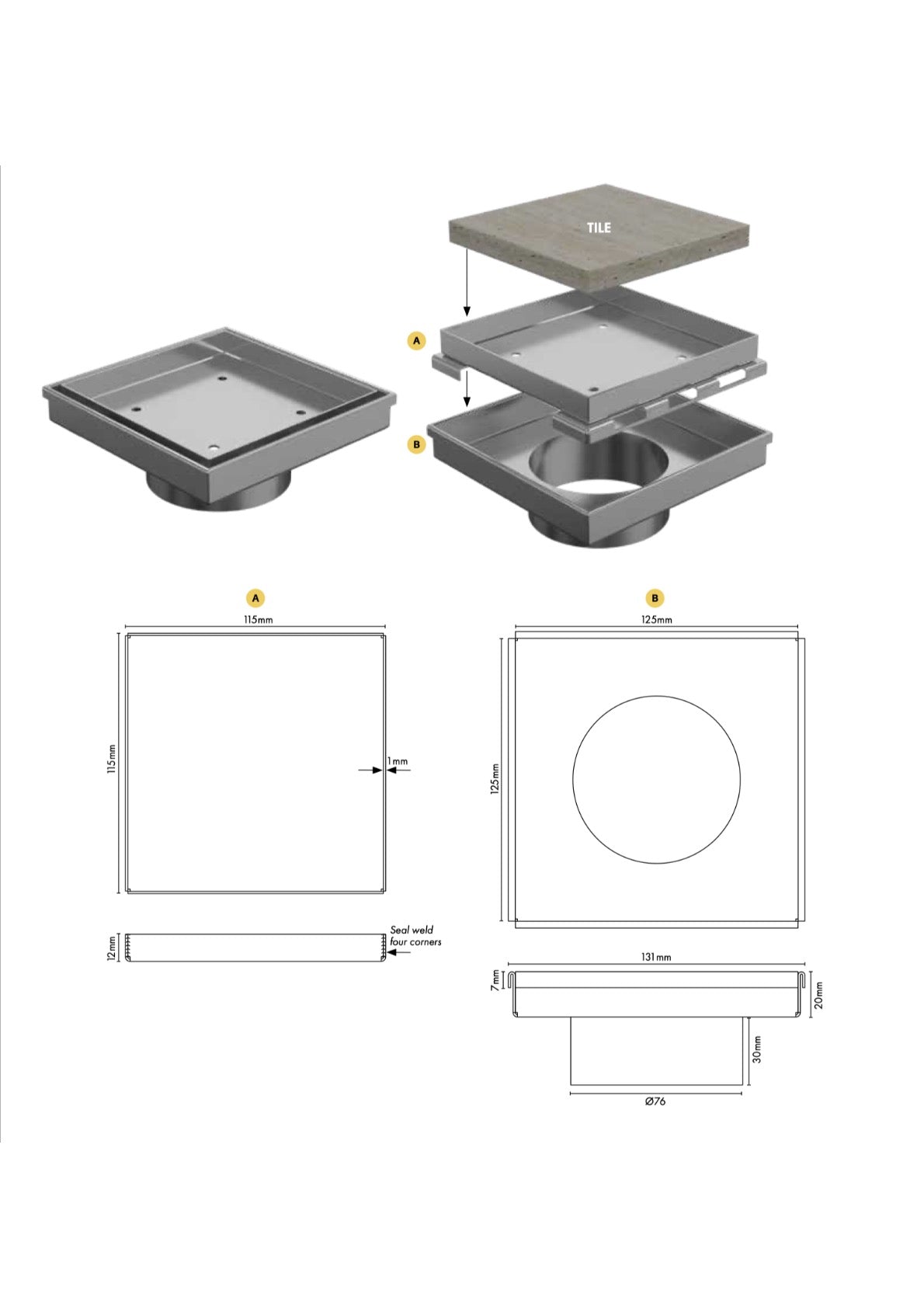 Drainlab 128x128mm Tile Insert Floor Waste