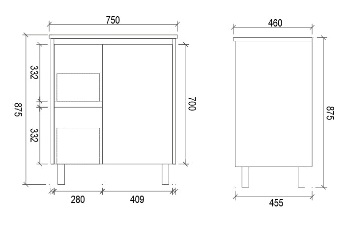 Neche Freestanding Vanity 750MM With L or R Drawers - Glossed White
