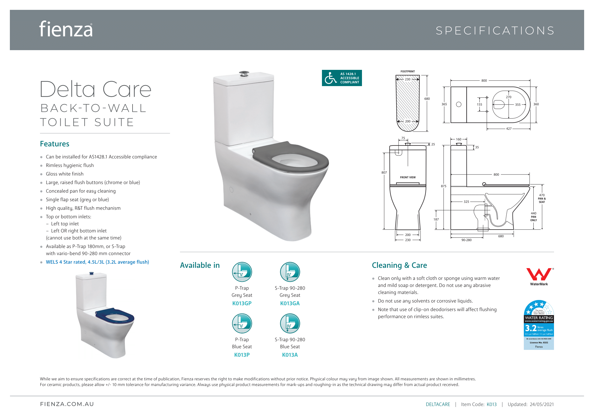 Fienza Delta Care Back-to-Wall Toilet Suite