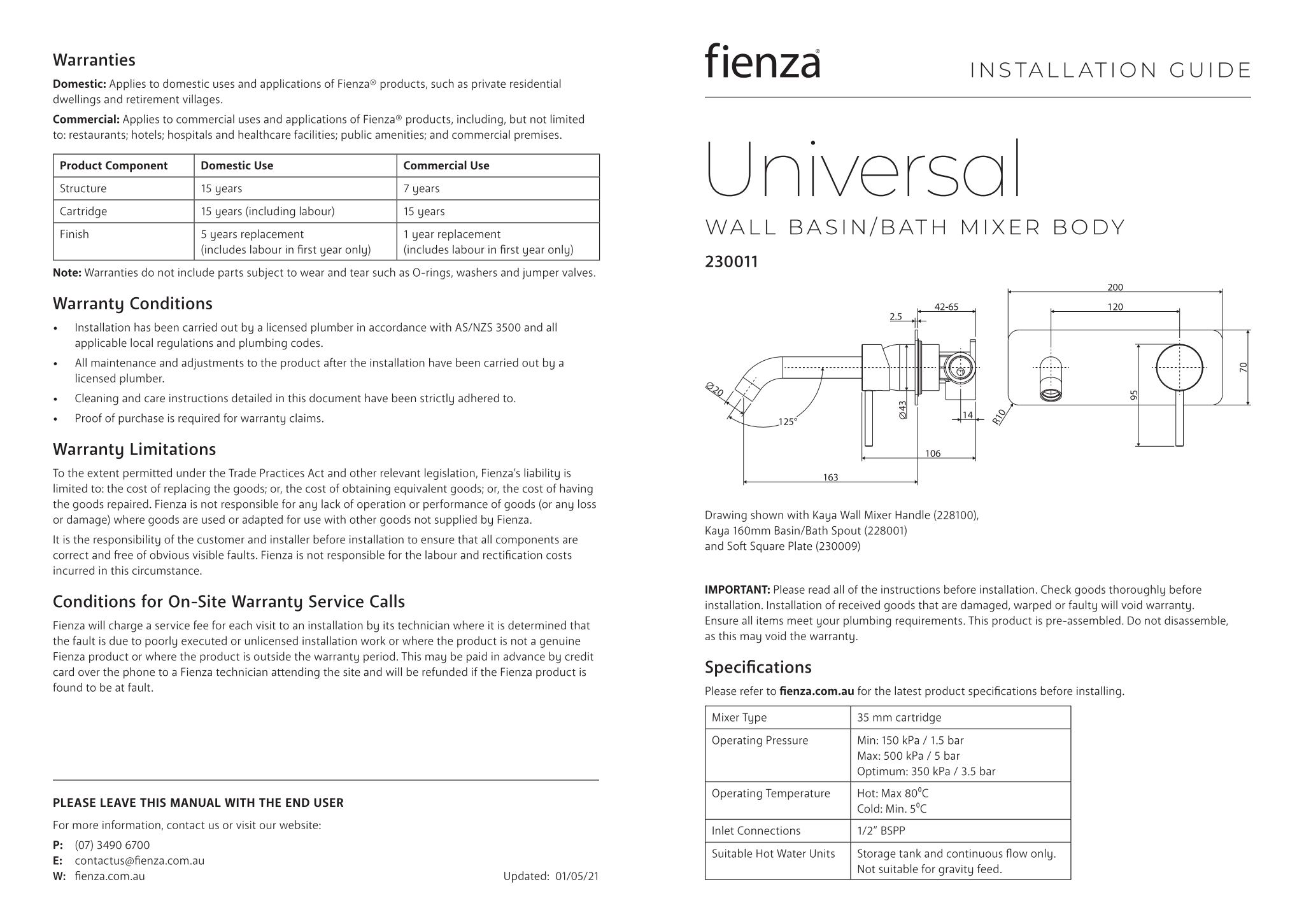 Fienza KAYA Chrome Wall Basin/Bath Mixer Set